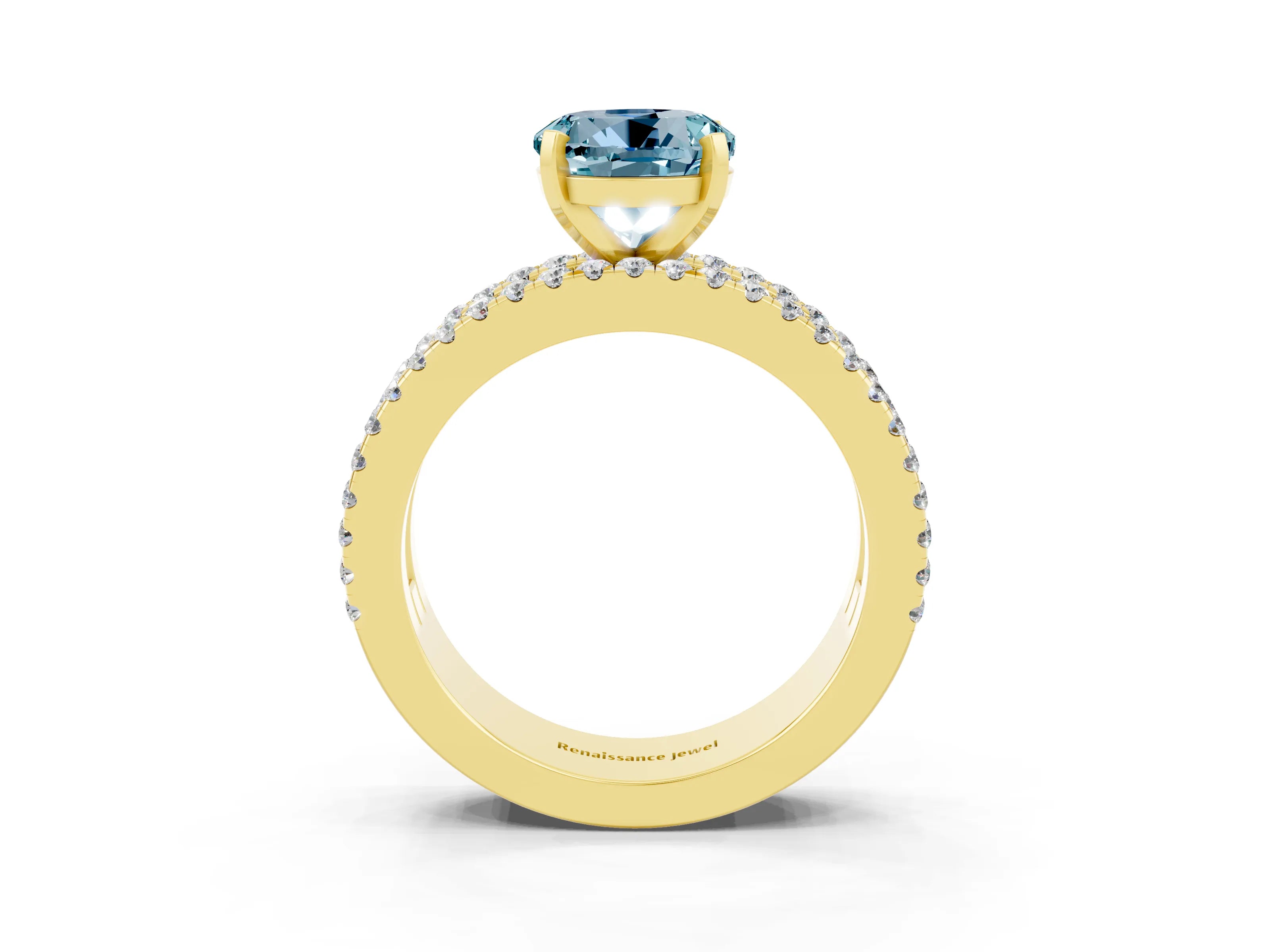 Yellow gold Round Cut Aquamarine Solitaire Ring with Pavé and Channel Set Band_3
