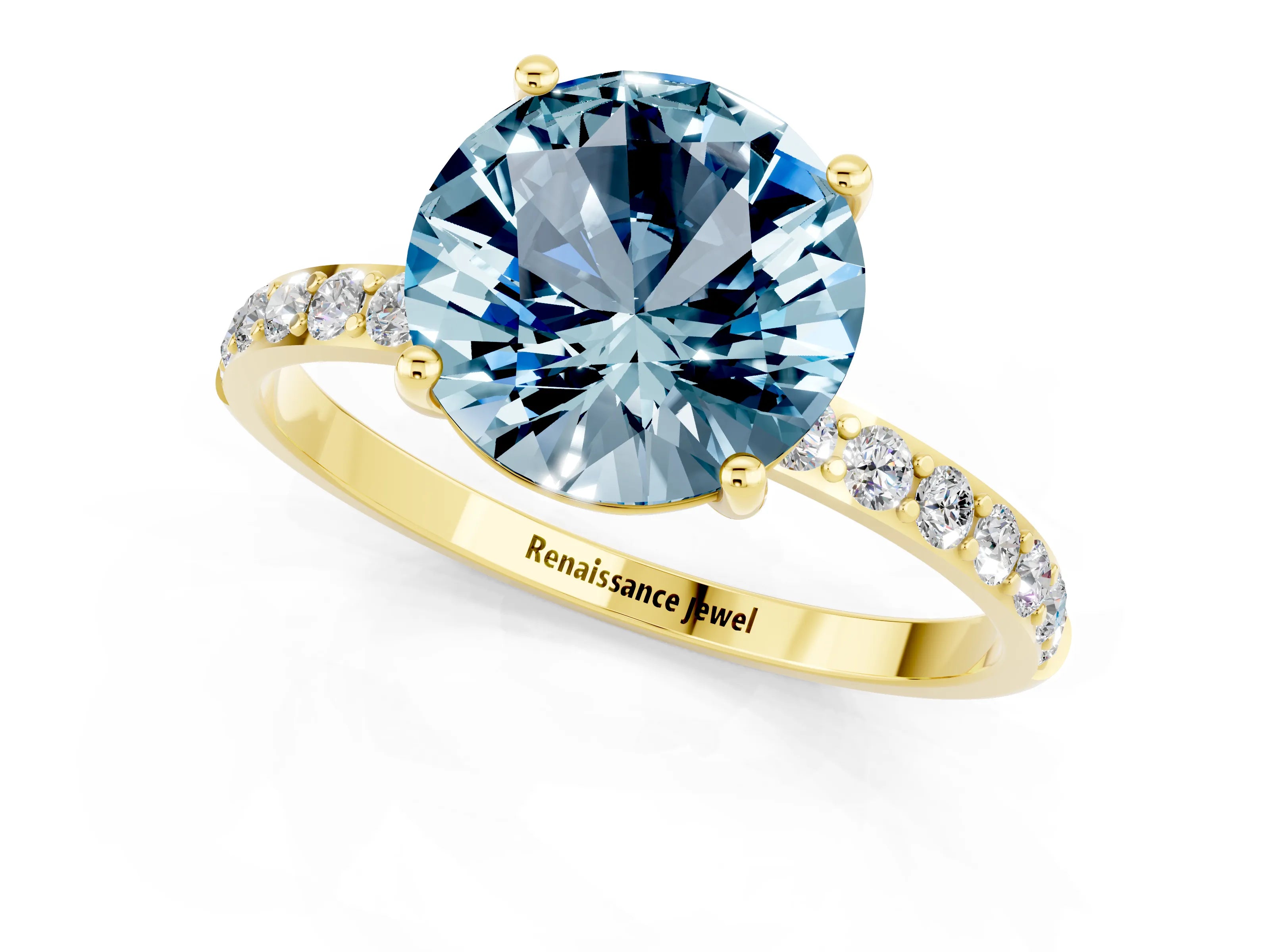 Yellow gold Round Cut Aquamarine Solitaire Ring with Pave Band and Four Prong Setting_13