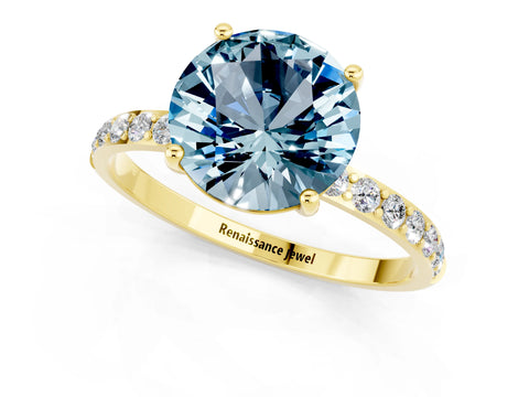 Yellow gold Round Cut Aquamarine Solitaire Ring with Pave Band and Four Prong Setting_13