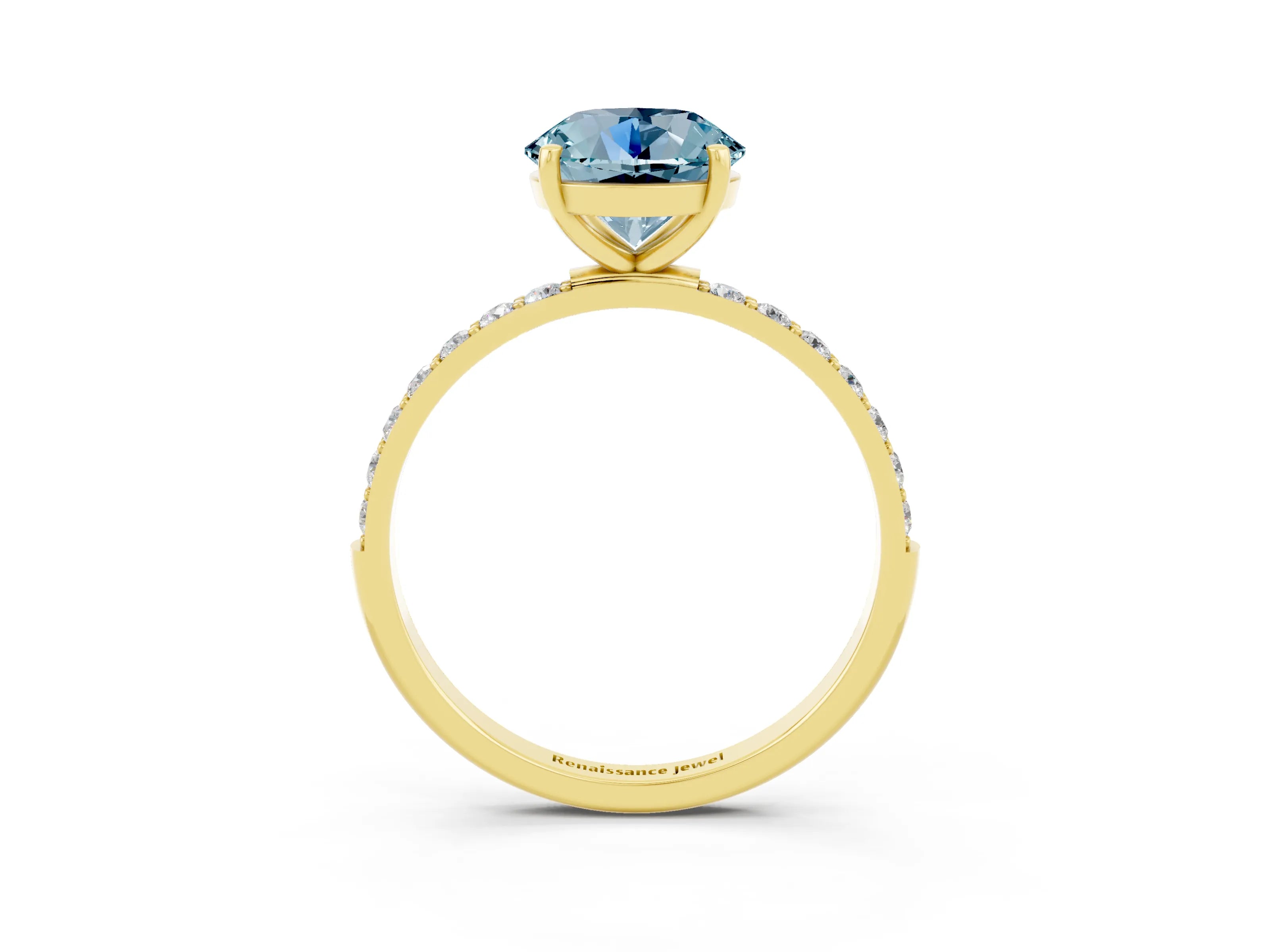 Yellow gold Round Cut Aquamarine Solitaire Ring with Pave Band and Four Prong Setting_15