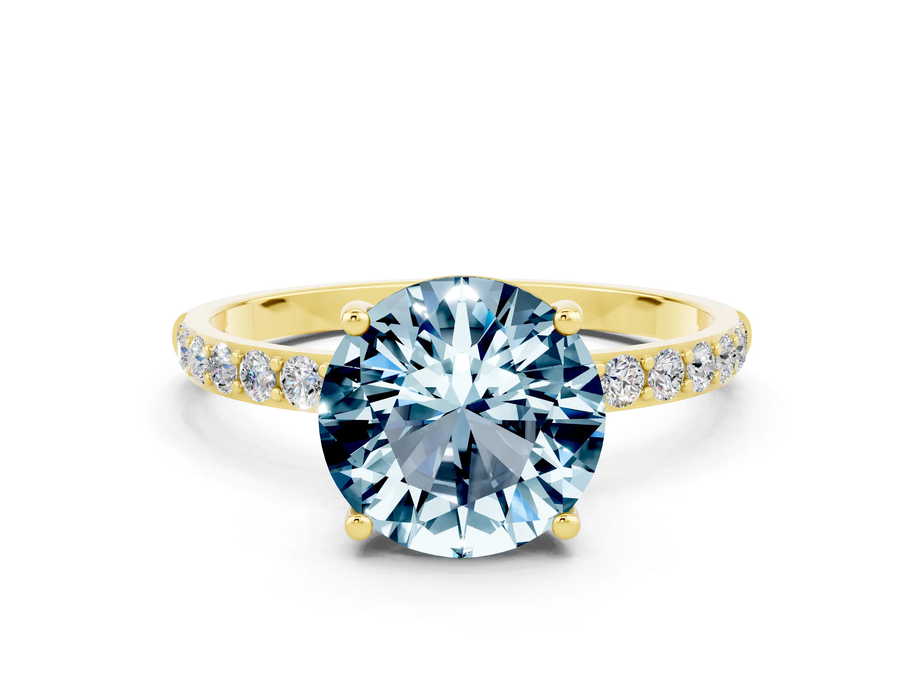 Yellow gold Round Cut Aquamarine Solitaire Ring with Pave Band and Four Prong Setting_24