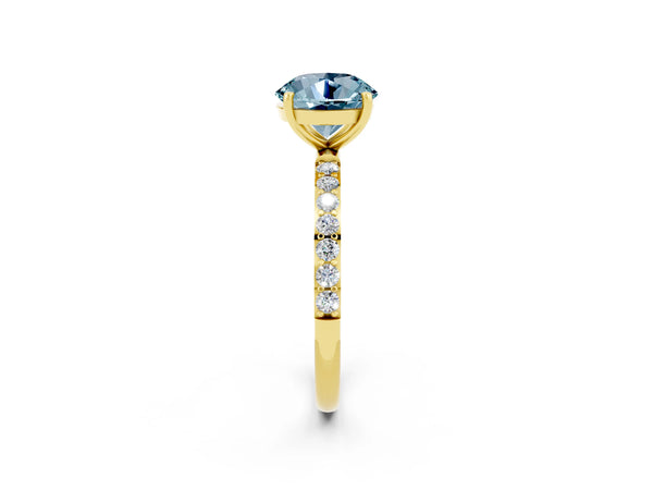 Yellow gold Round Cut Aquamarine Solitaire Ring with Round  Pavé Band and Prong Setting