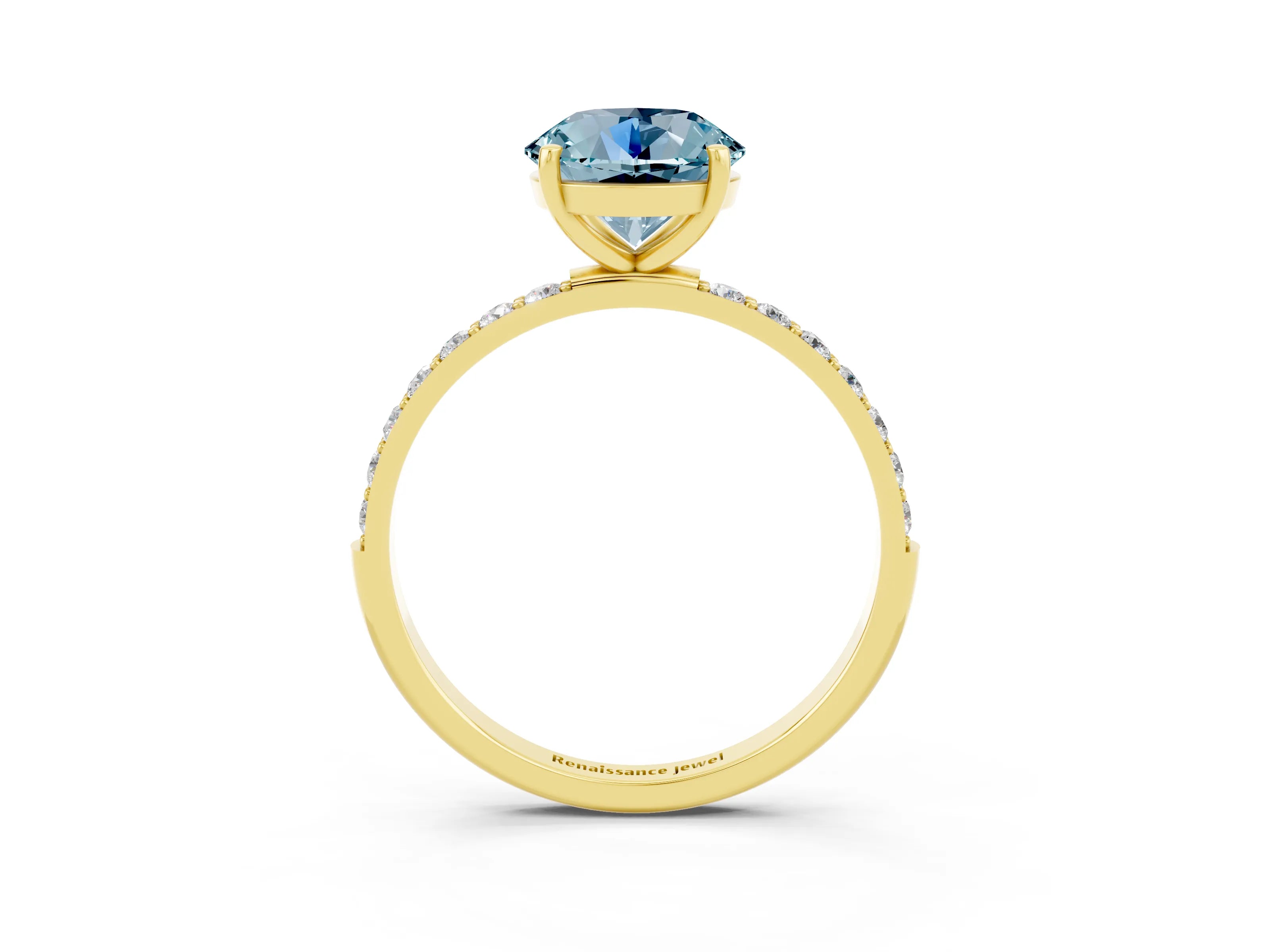 Yellow gold Round Cut Aquamarine Solitaire Ring with Pave Band and Four Prong Setting_27