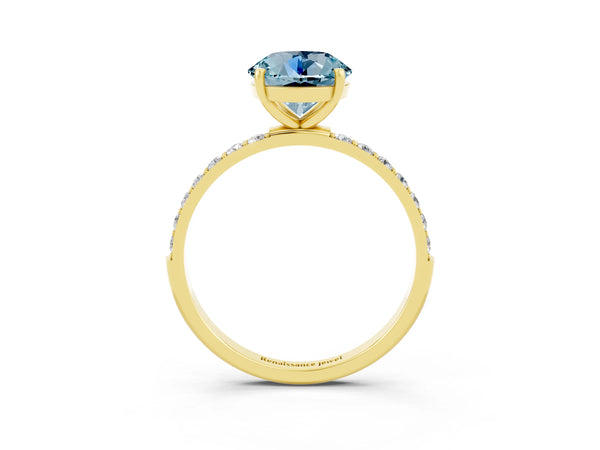 Yellow gold Round Cut Aquamarine Solitaire Ring with Round  Pavé Band and Prong Setting