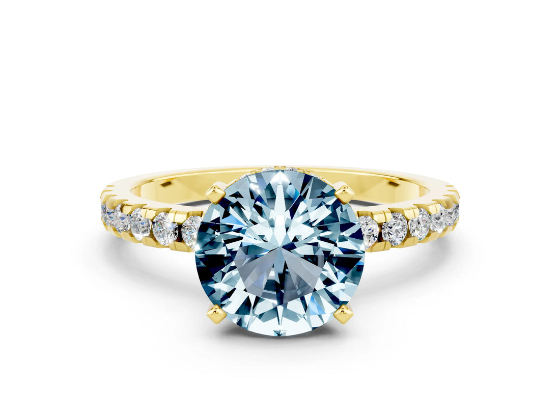 Yellow gold Round Cut Aquamarine Solitaire Ring with Round  Pavé Band and Four-Prong Setting_36