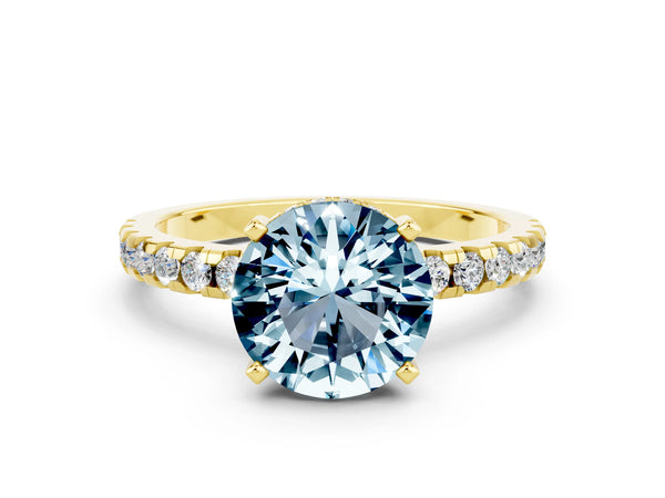 Yellow Gold Round Aquamarine Hidden Halo Engagement Ring with Pave Band