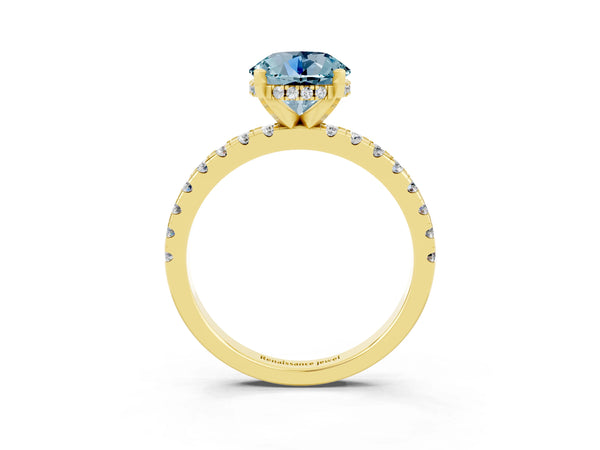 Yellow Gold Round Aquamarine Hidden Halo Engagement Ring with Pave Band