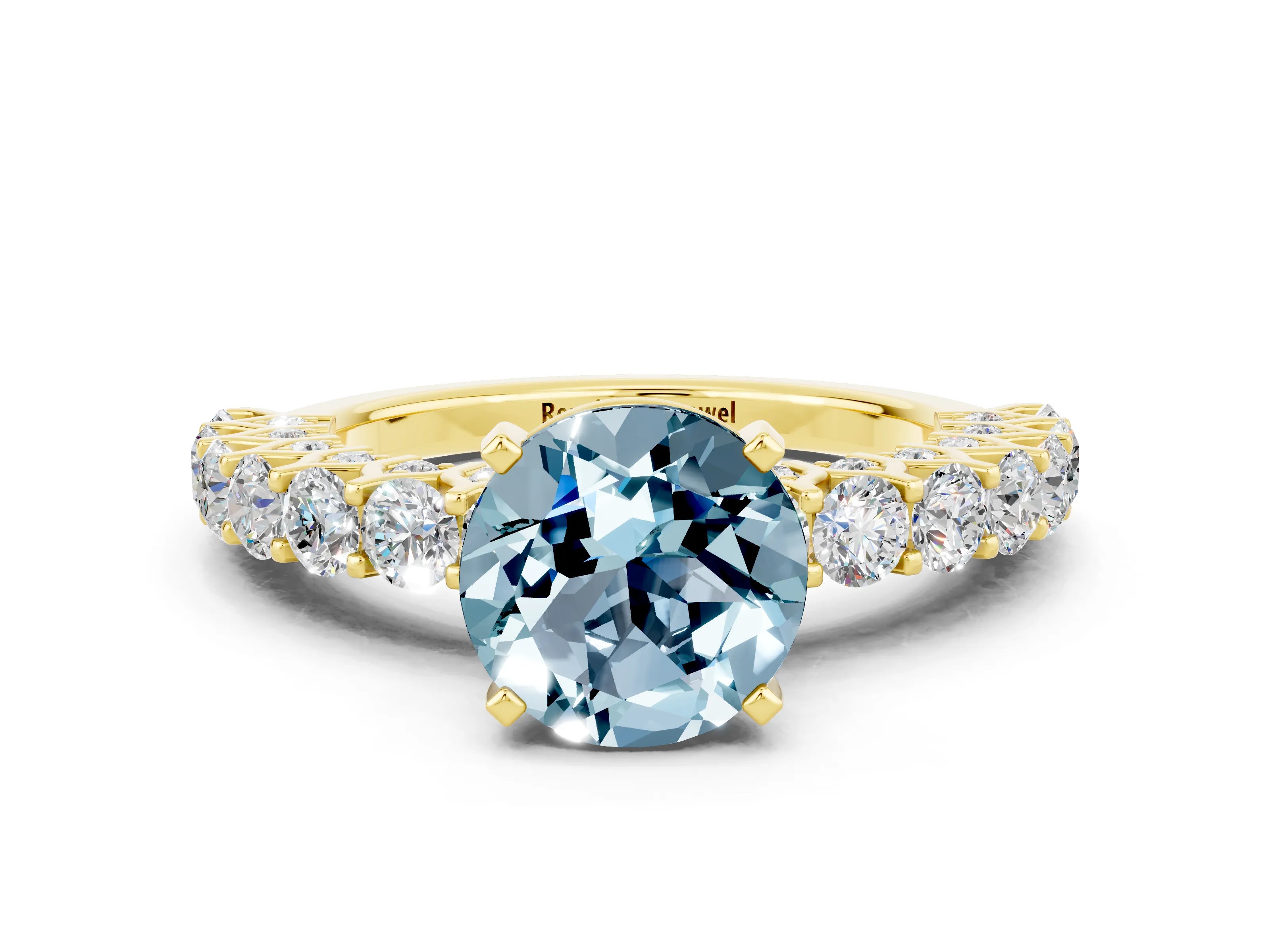 Yellow gold Round Cut Aquamarine Solitaire Ring with Shared Prong Pavé Band and Four-Prong Setting
