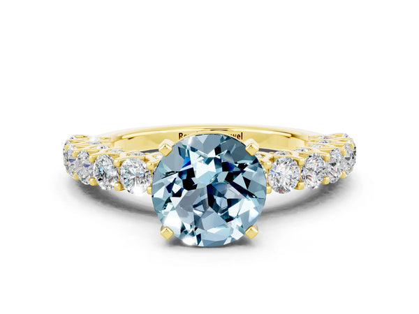 Yellow gold Round Cut Aquamarine Solitaire Ring with Shared Prong Pavé Band and Four-Prong Setting