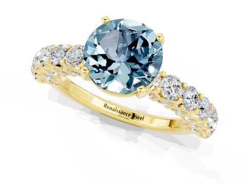 Yellow gold Round Cut Aquamarine Solitaire Ring with Shared Prong Pavé Band and Four-Prong Setting_1