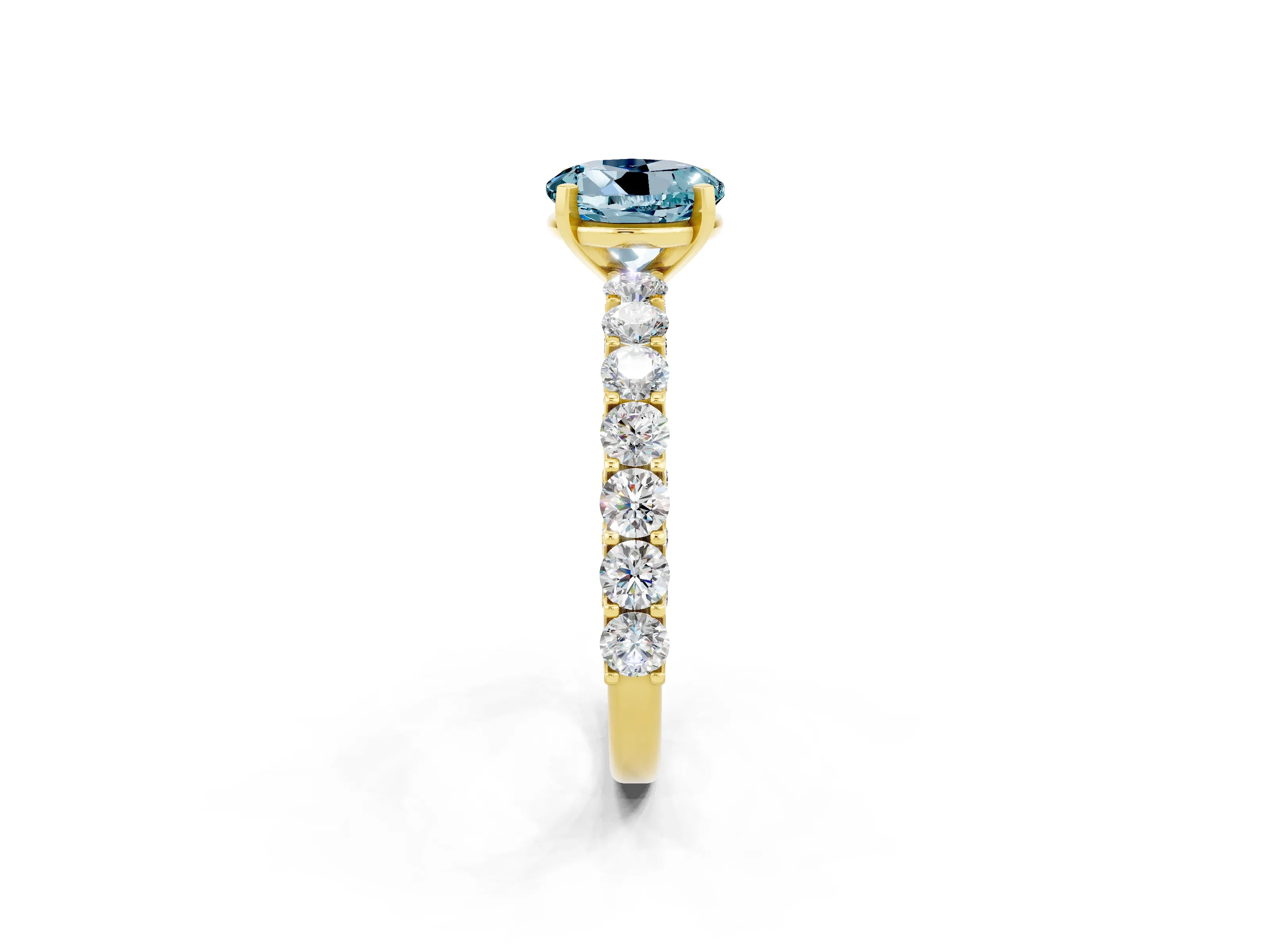 Yellow gold Round Cut Aquamarine Solitaire Ring with Shared Prong Pavé Band and Four-Prong Setting_2