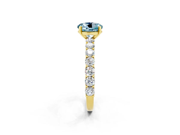 Yellow gold Round Cut Aquamarine Solitaire Ring with Shared Prong Pavé Band and Four-Prong Setting