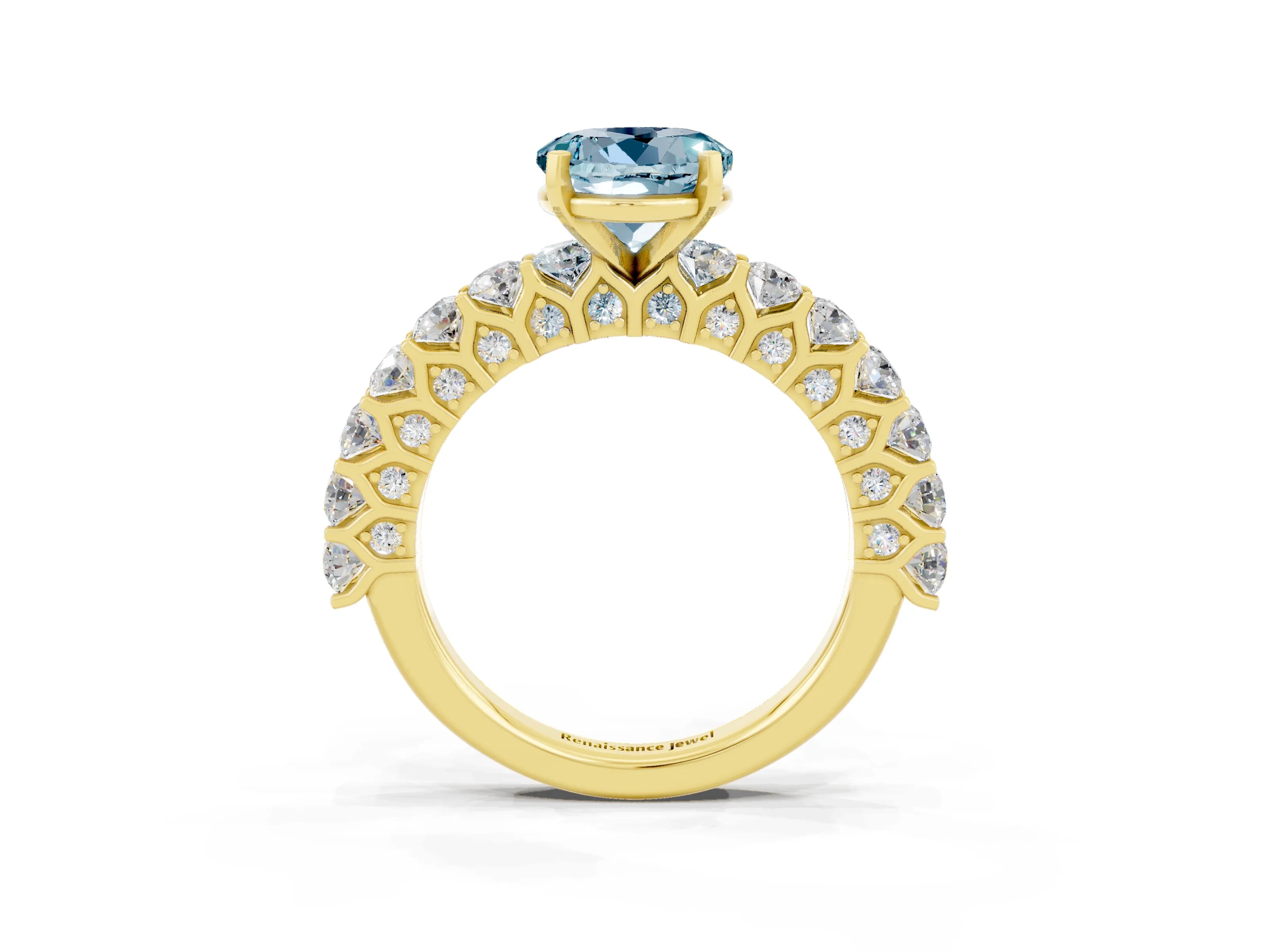Yellow gold Round Cut Aquamarine Solitaire Ring with Shared Prong Pavé Band and Four-Prong Setting_3