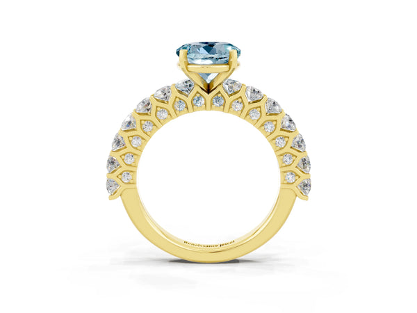 Yellow gold Round Cut Aquamarine Solitaire Ring with Shared Prong Pavé Band and Four-Prong Setting