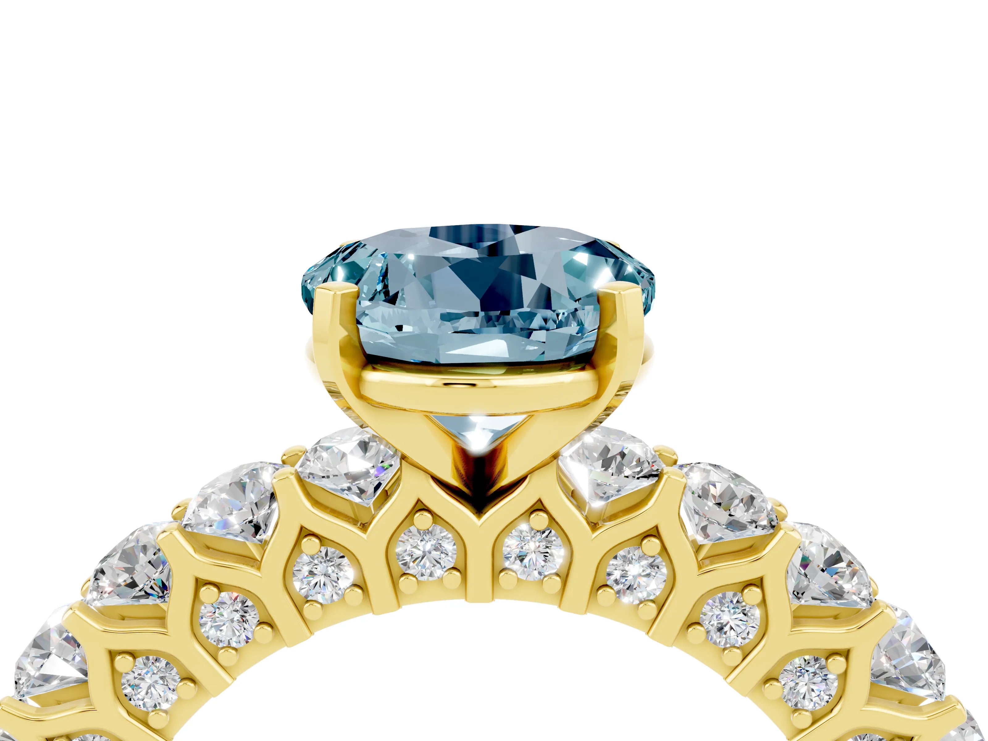 Yellow gold Round Cut Aquamarine Solitaire Ring with Shared Prong Pavé Band and Four-Prong Setting_4