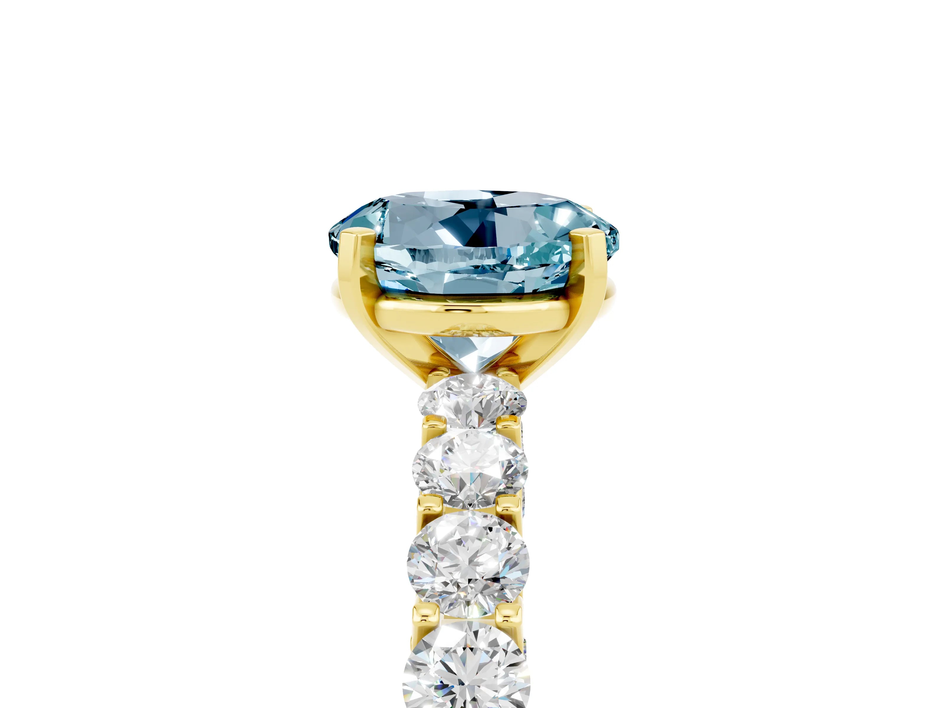 Yellow gold Round Cut Aquamarine Solitaire Ring with Shared Prong Pavé Band and Four-Prong Setting_5
