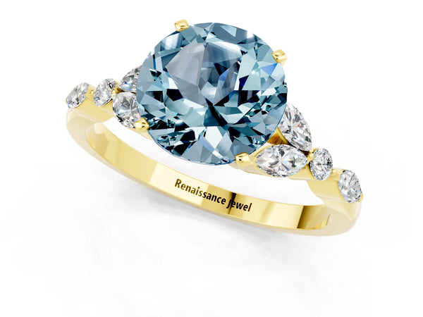 Yellow gold Round Cut Aquamarine Solitaire Ring with Side Stones and Four-Prong Setting