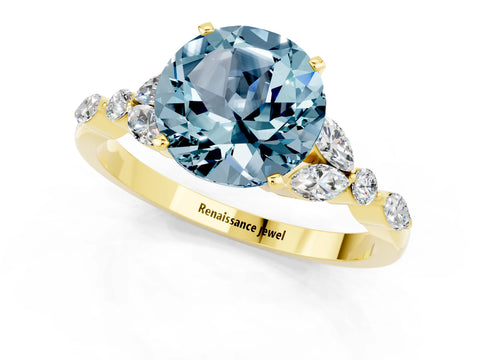 Yellow gold Round Cut Aquamarine Solitaire Ring with Side Stones and Four-Prong Setting_13