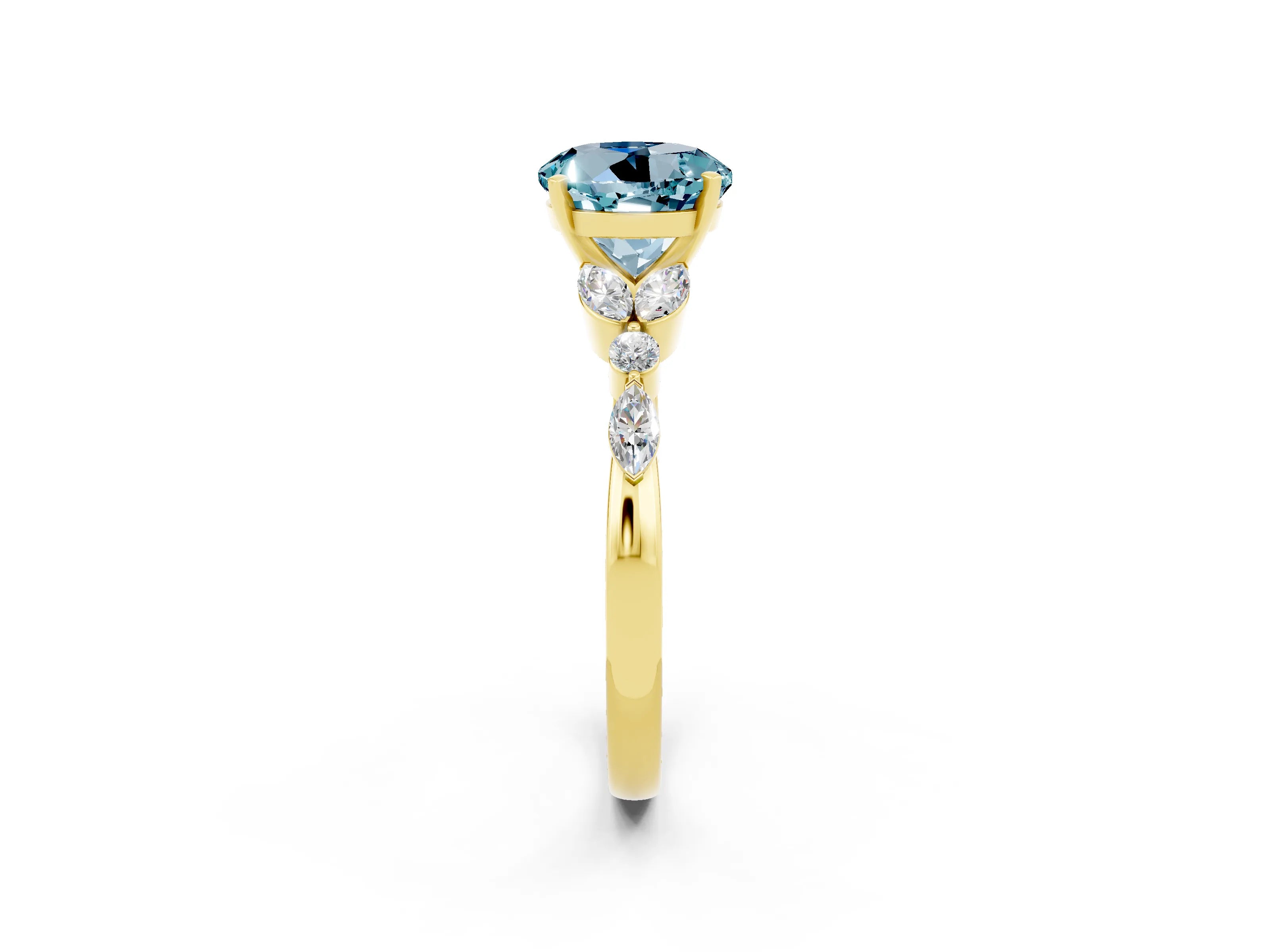 Yellow gold Round Cut Aquamarine Solitaire Ring with Side Stones and Four-Prong Setting_14
