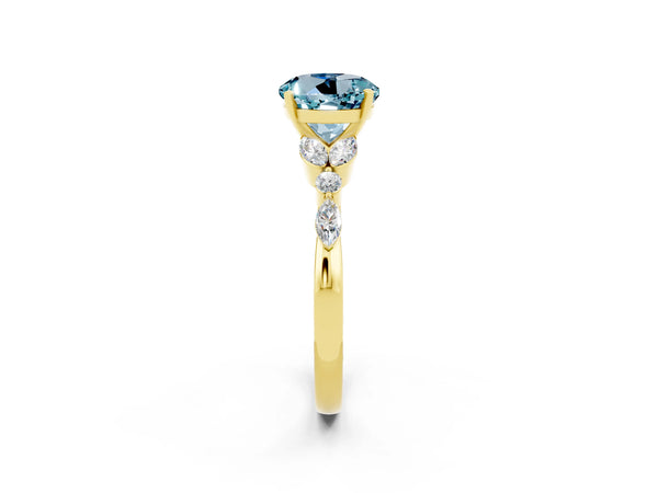 Yellow gold Round Cut Aquamarine Solitaire Ring with Side Stones and Four-Prong Setting