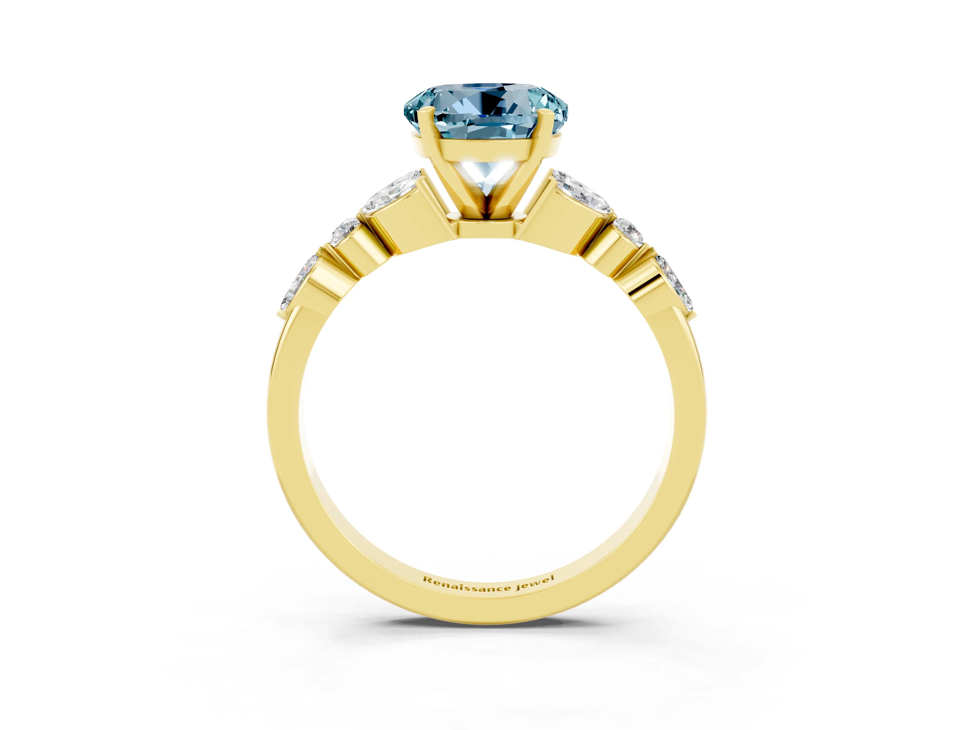 Yellow gold Round Cut Aquamarine Solitaire Ring with Side Stones and Four-Prong Setting_15