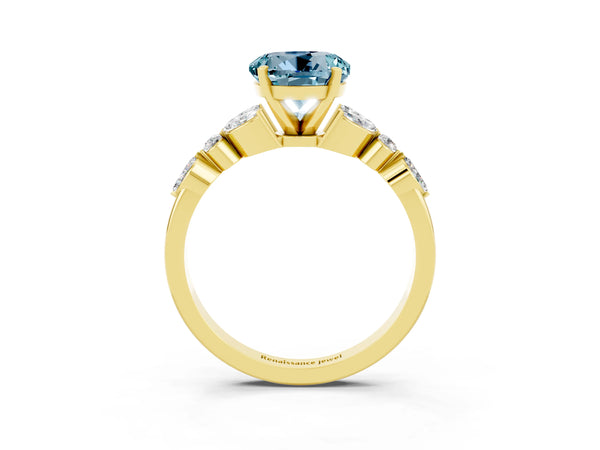 Yellow gold Round Cut Aquamarine Solitaire Ring with Side Stones and Four-Prong Setting