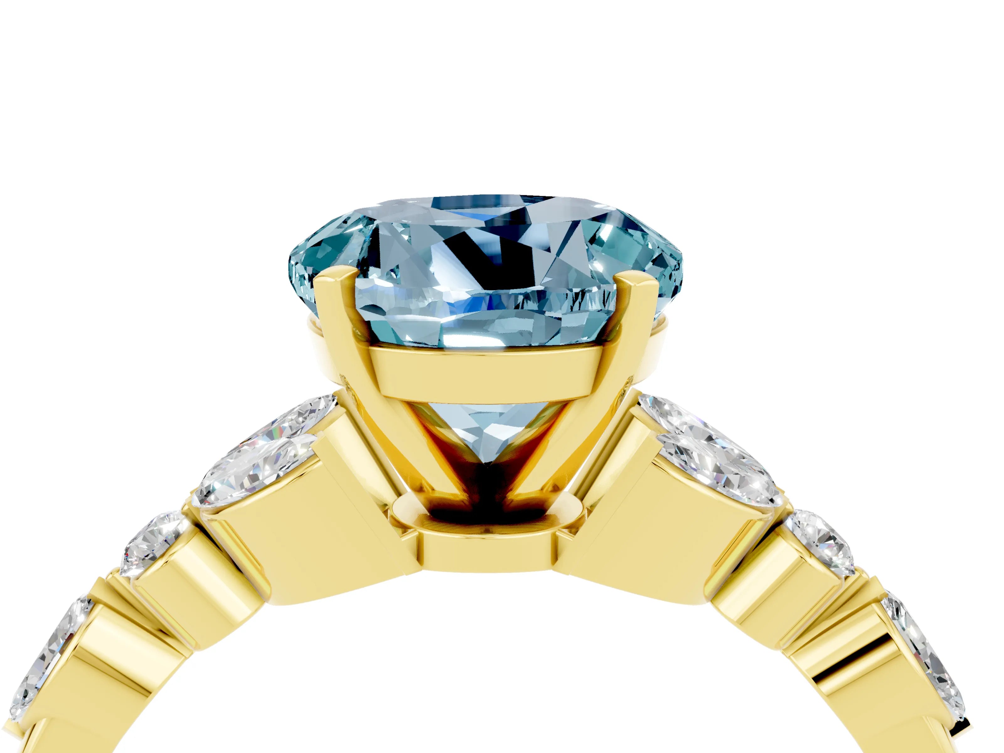 Yellow gold Round Cut Aquamarine Solitaire Ring with Side Stones and Four-Prong Setting_16
