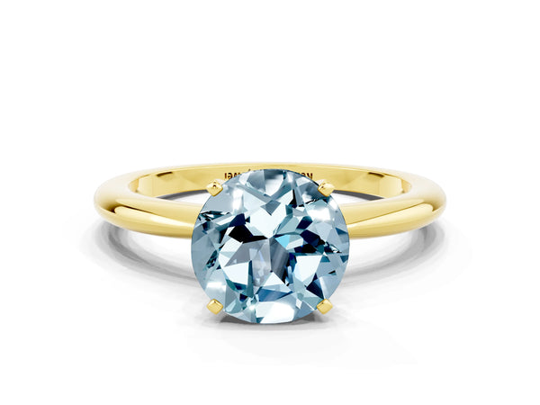 Yellow gold Round Cut Aquamarine Solitaire Ring with Six-Prong Setting and Classic Band