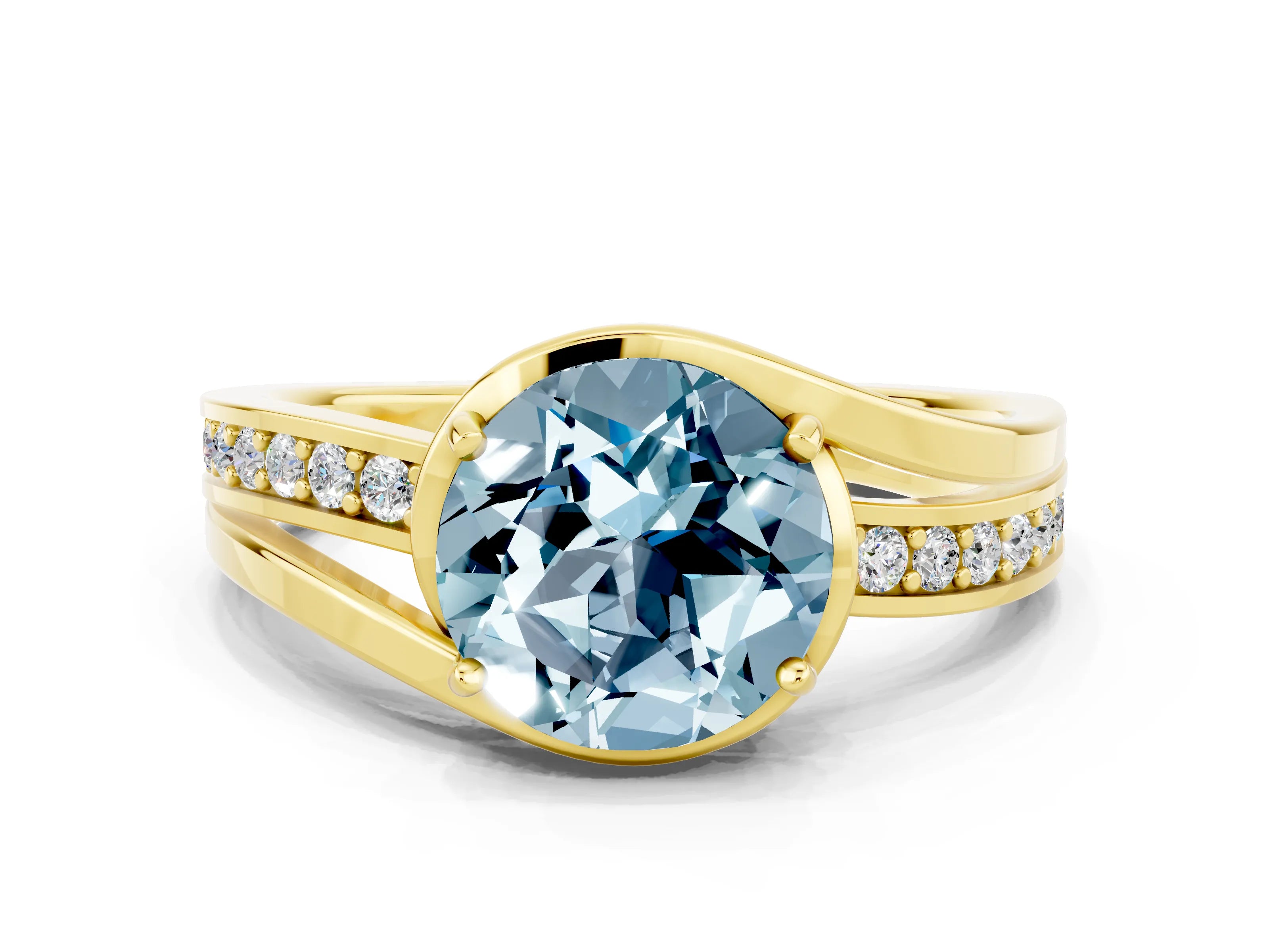 Yellow gold Round Cut Aquamarine Solitaire Ring with Split Shank and Prong Setting
