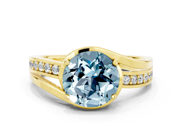 Yellow gold Round Cut Aquamarine Solitaire Ring with Split Shank and Prong Setting