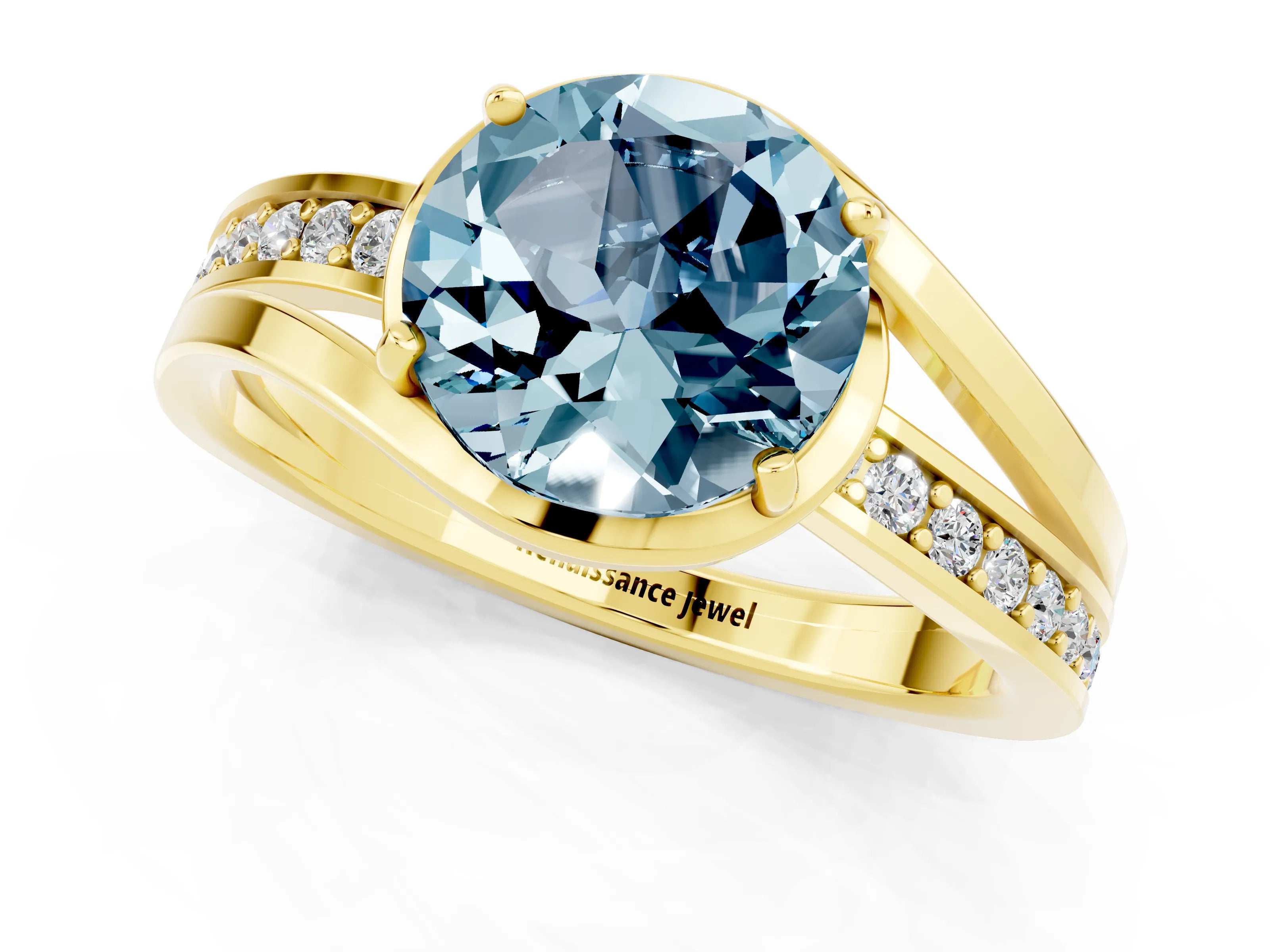 Yellow gold Round Cut Aquamarine Solitaire Ring with Split Shank and Prong Setting_1