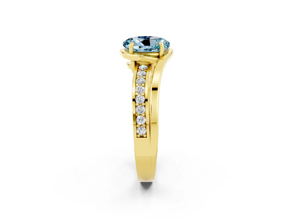Yellow gold Round Cut Aquamarine Solitaire Ring with Split Shank and Prong Setting
