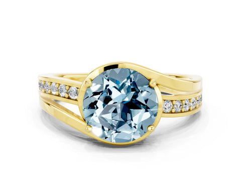 Yellow gold Round Cut Aquamarine Solitaire Ring with Split Shank and Prong Setting