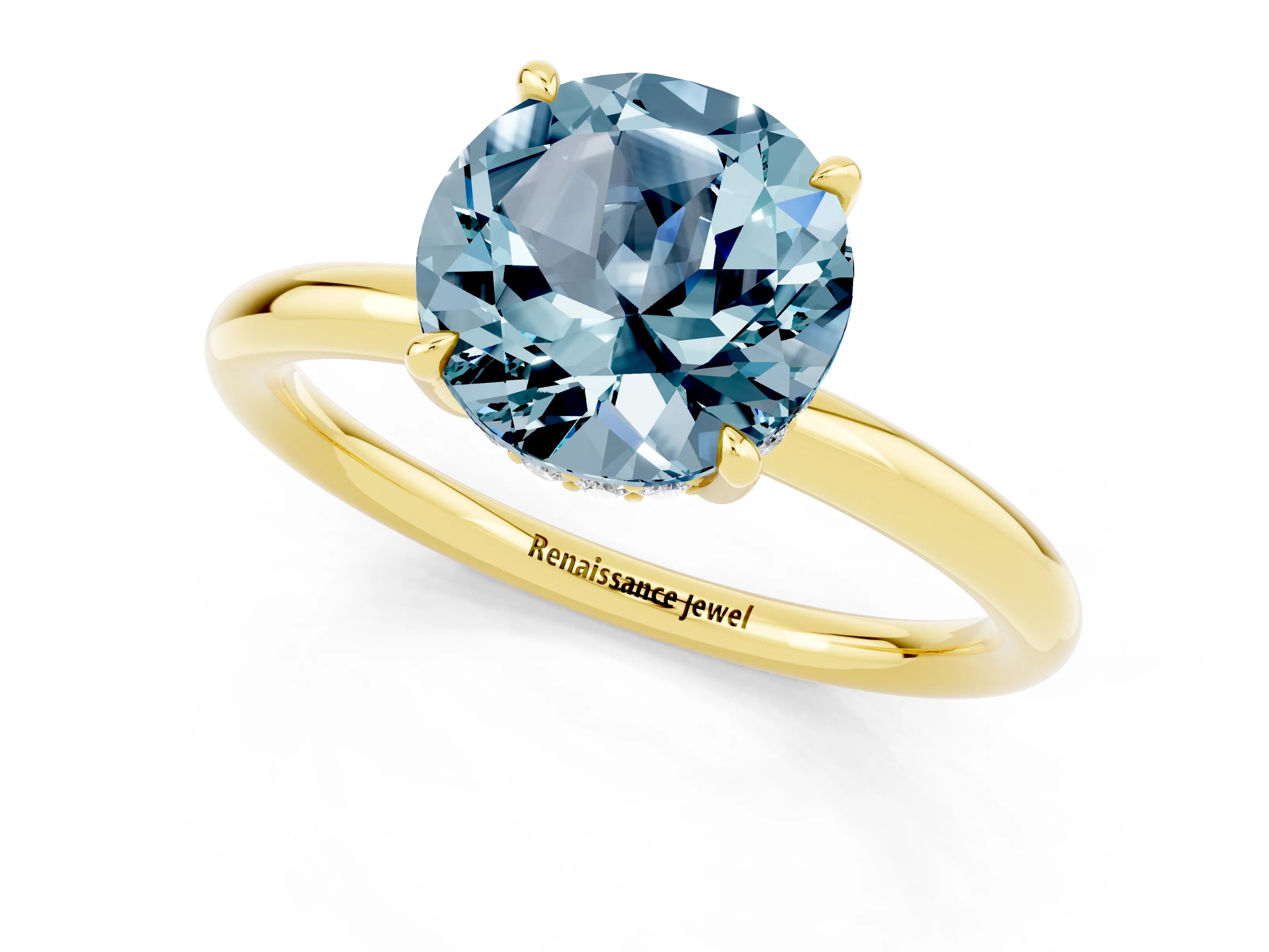 Yellow gold Round Cut Aquamarine Solitaire Ring with Thin Band and Four-Prong Setting_13