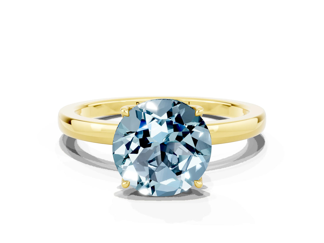 Yellow gold Round Cut Aquamarine Solitaire Ring with Thin Band and Prong Setting_12