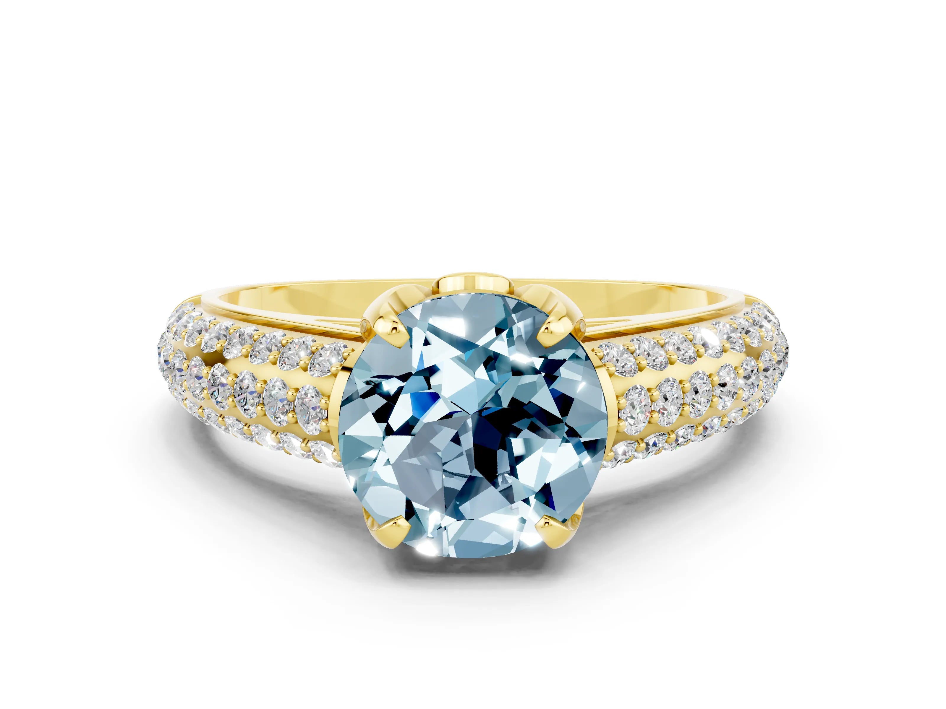 Yellow gold Round Cut Aquamarine Solitaire Ring with Three-Row Pavé Band and Four-Prong Setting_12