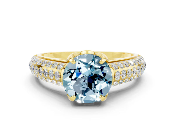 Yellow gold Round Cut Aquamarine Solitaire Ring with Three-Row Pavé Band and Four-Prong Setting