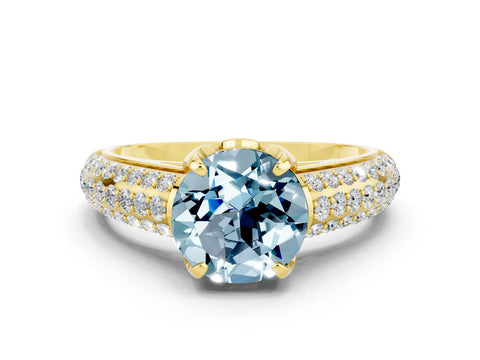 Yellow gold Round Cut Aquamarine Solitaire Ring with Three-Row Pavé Band and Four-Prong Setting_12