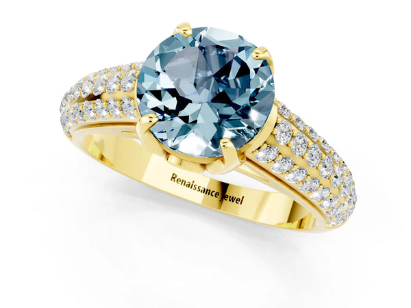 Yellow gold Round Cut Aquamarine Solitaire Ring with Three-Row Pavé Band and Four-Prong Setting
