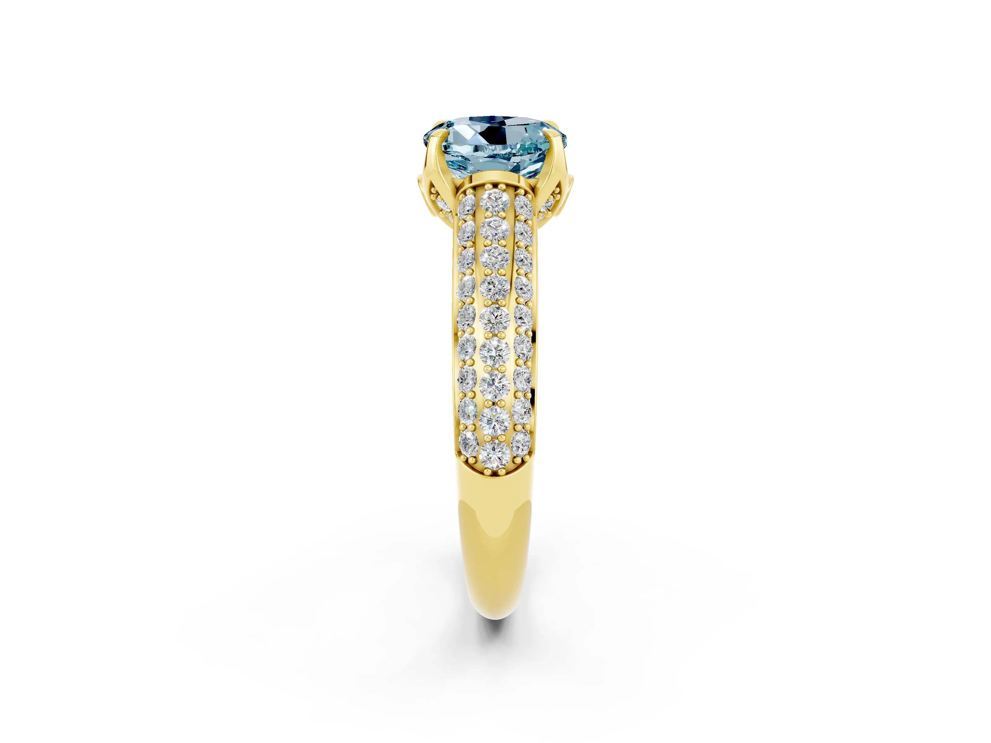 Yellow gold Round Cut Aquamarine Solitaire Ring with Three-Row Pavé Band and Four-Prong Setting_14