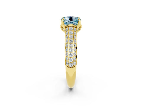 Yellow gold Round Cut Aquamarine Solitaire Ring with Three-Row Pavé Band and Four-Prong Setting_14