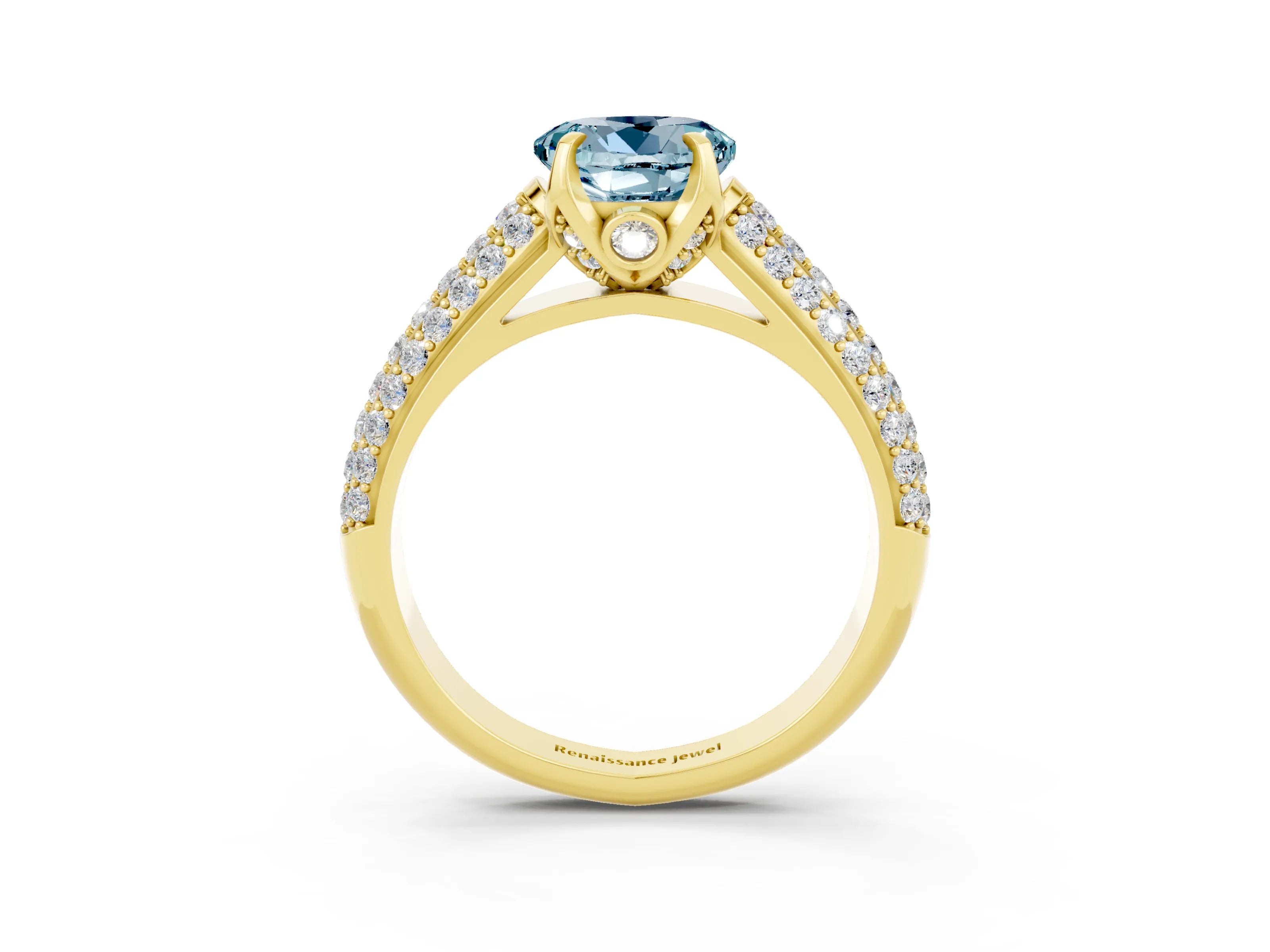 Yellow gold Round Cut Aquamarine Solitaire Ring with Three-Row Pavé Band and Four-Prong Setting_15
