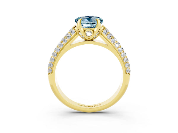 Yellow gold Round Cut Aquamarine Solitaire Ring with Three-Row Pavé Band and Four-Prong Setting