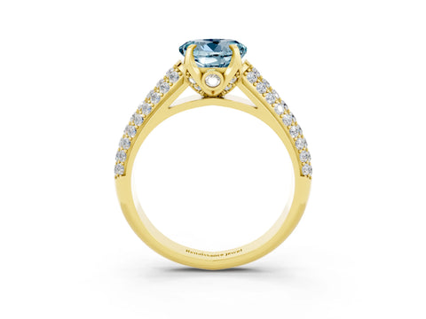 Yellow gold Round Cut Aquamarine Solitaire Ring with Three-Row Pavé Band and Four-Prong Setting_15