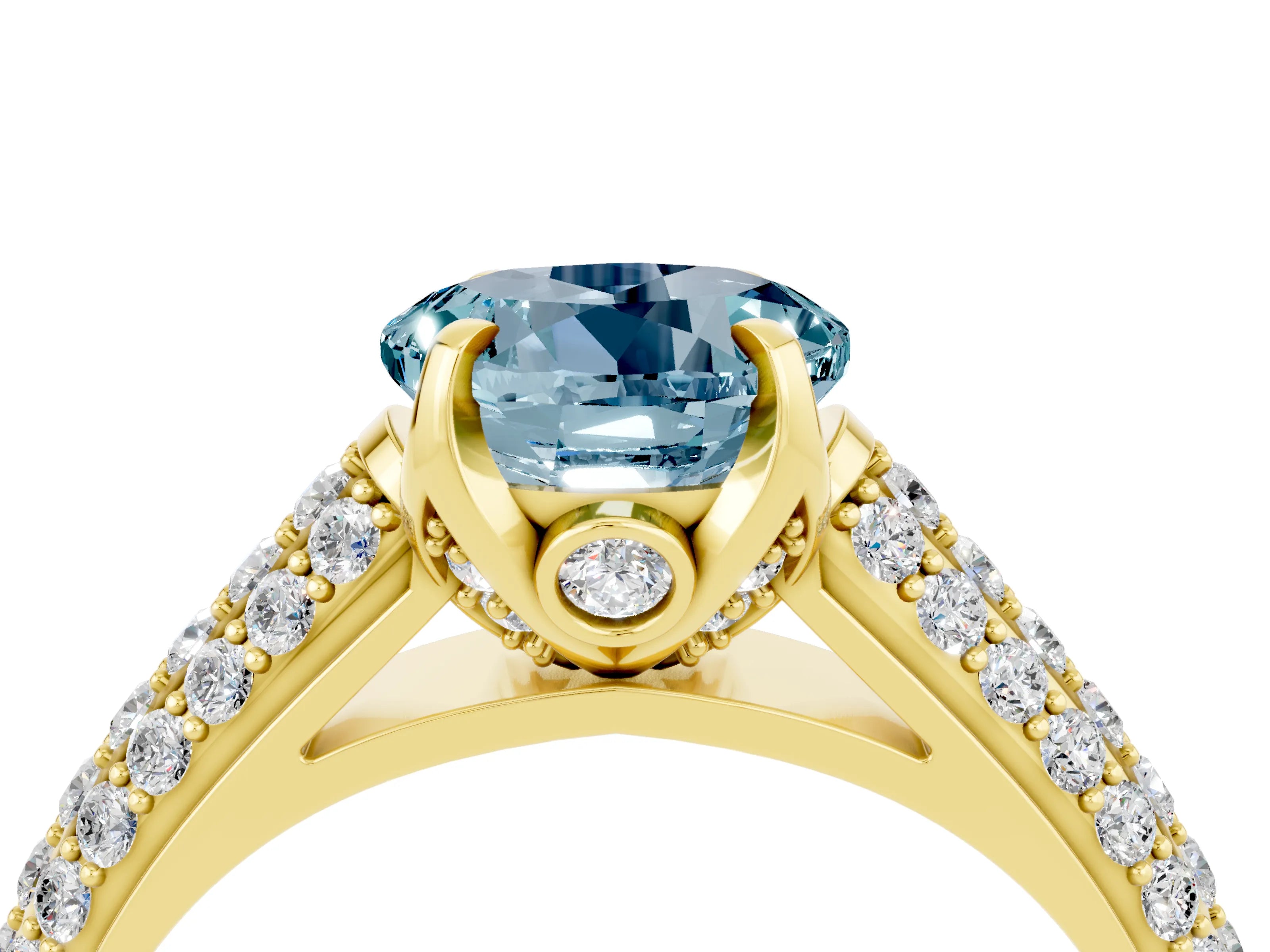 Yellow gold Round Cut Aquamarine Solitaire Ring with Three-Row Pavé Band and Four-Prong Setting_16