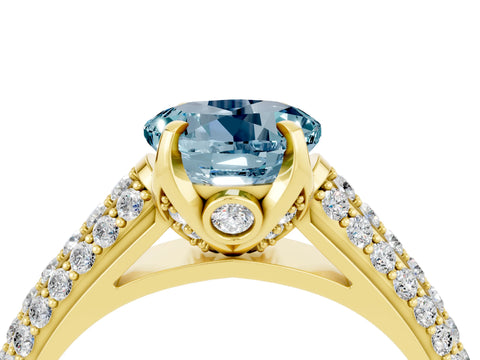 Yellow gold Round Cut Aquamarine Solitaire Ring with Three-Row Pavé Band and Four-Prong Setting_16