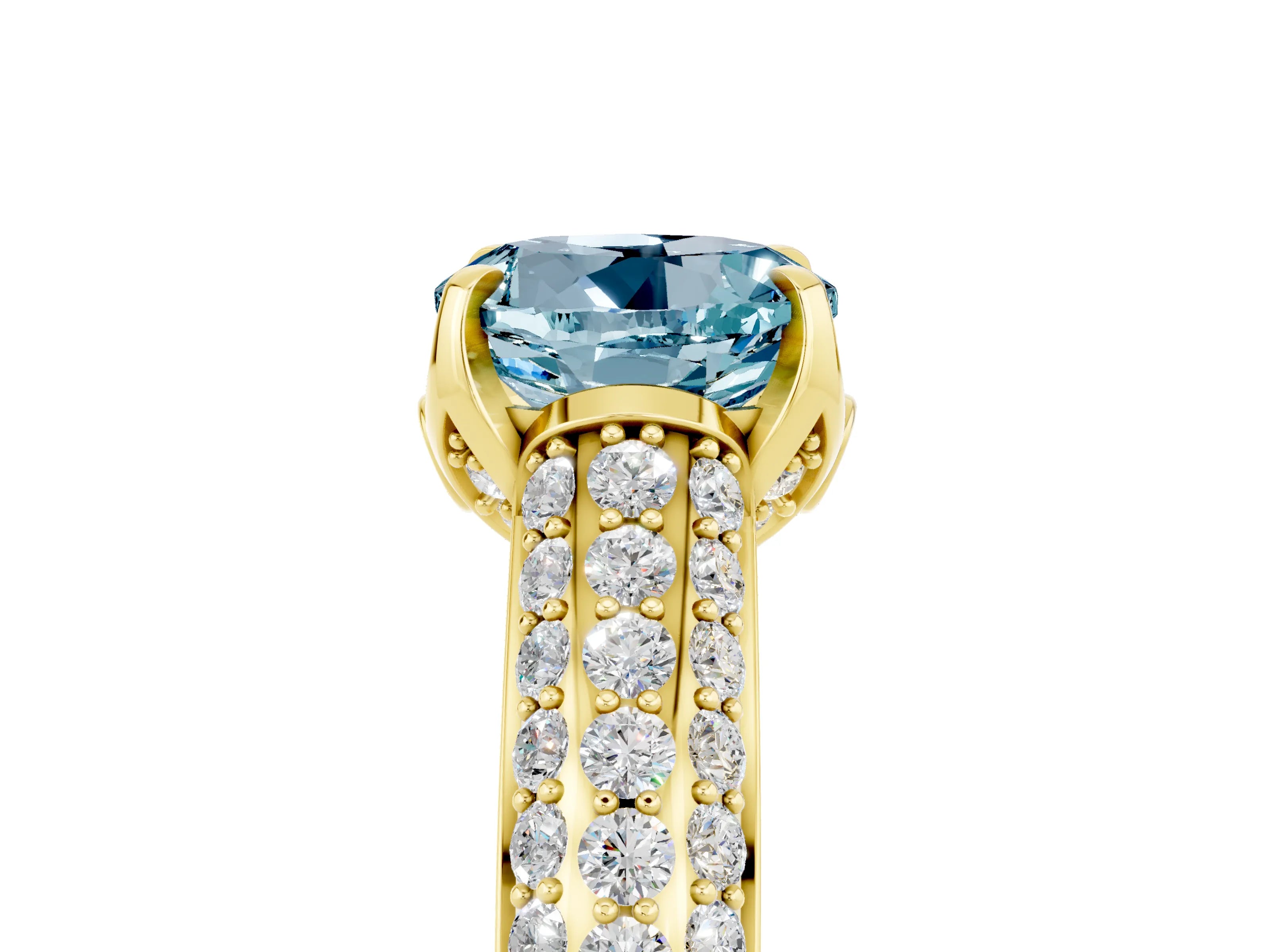 Yellow gold Round Cut Aquamarine Solitaire Ring with Three-Row Pavé Band and Four-Prong Setting_17