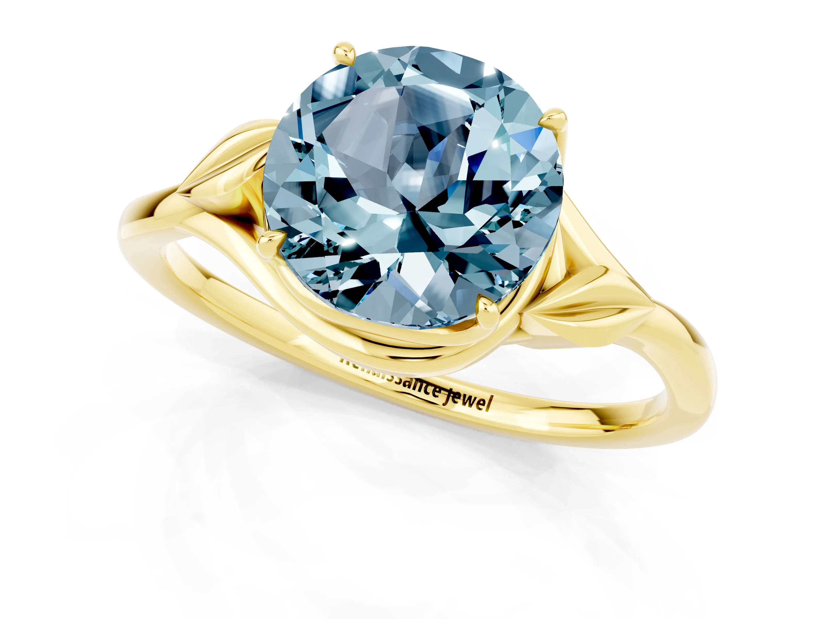Yellow gold Round Cut Aquamarine Solitaire Ring with Twist Band and Four-Prong Setting_25
