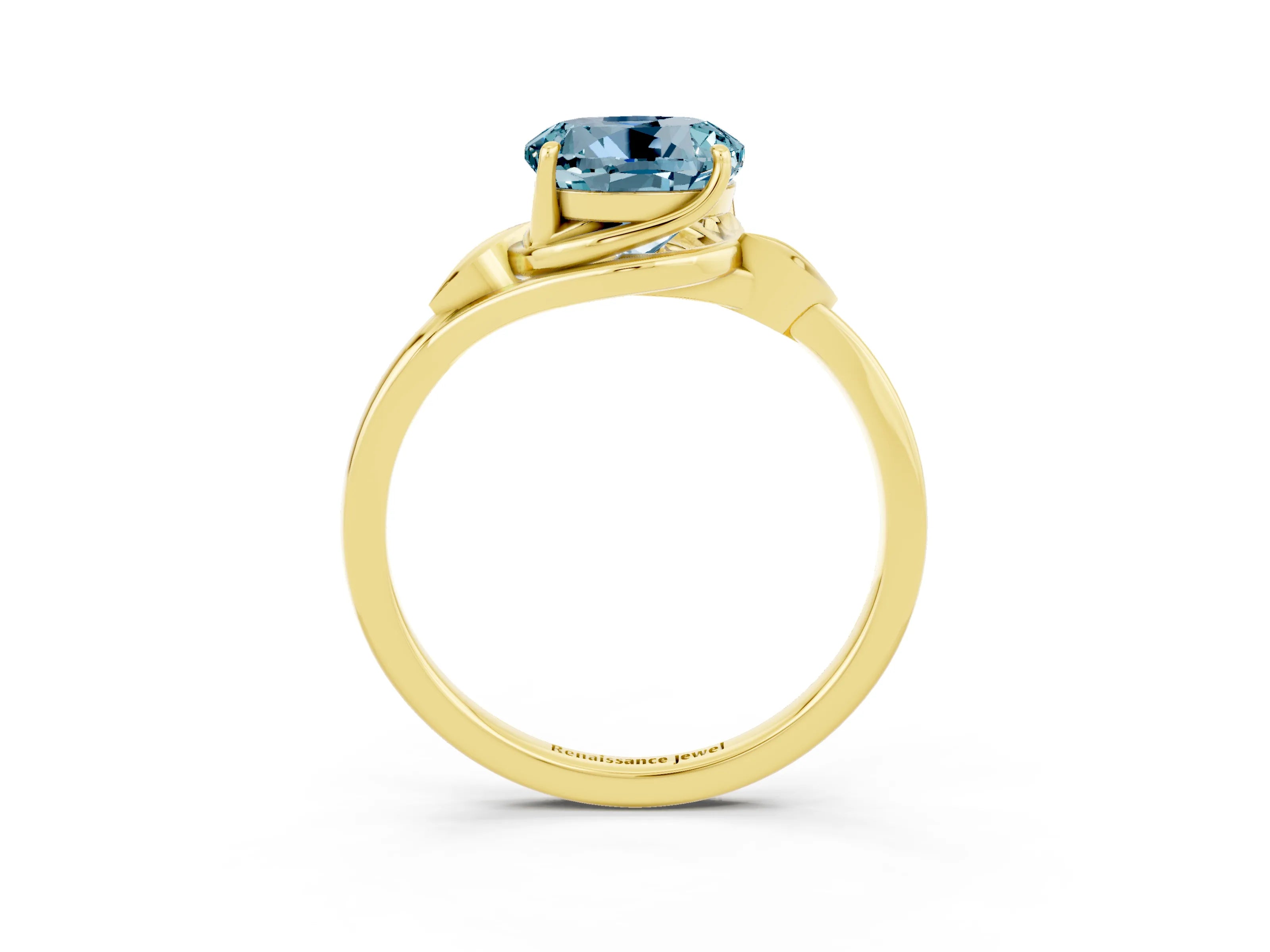 Yellow gold Round Cut Aquamarine Solitaire Ring with Twist Band and Four-Prong Setting_27