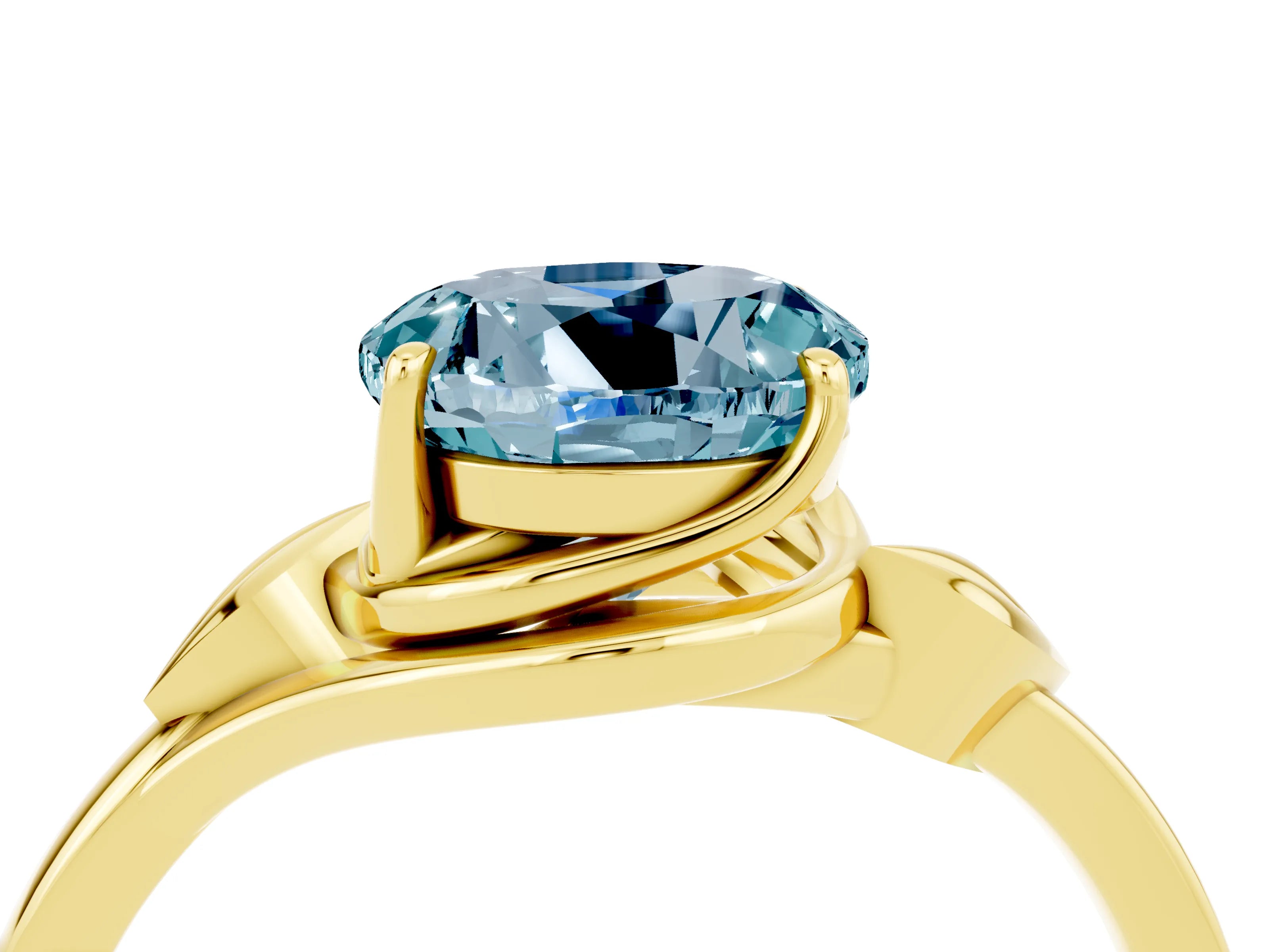 Yellow gold Round Cut Aquamarine Solitaire Ring with Twist Band and Four-Prong Setting_28